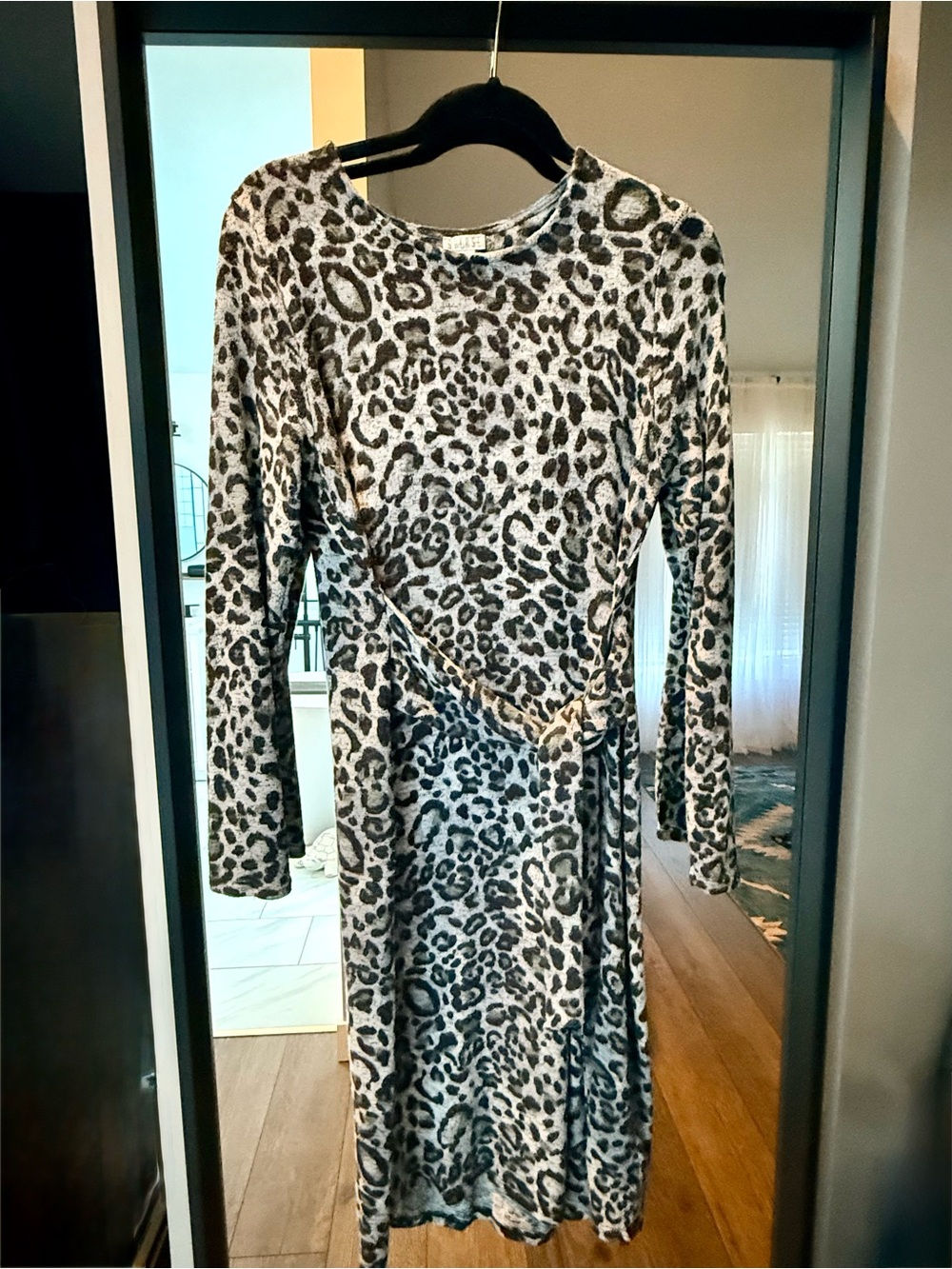 Spense Gray and Black Leopard Print Long Sleeve Wrap Dress